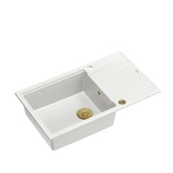 Quadri Luton hvid granit stor overflademonteret vask med afdrypningsområde vendbar 86x50cm med gylden prop 1208967329
