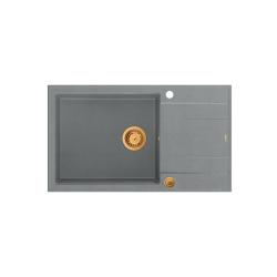Quadri Luton grå granit stor overmonteret vask med afdrypningsflade, vendbar 86x50cm med kobberprop 1208967331