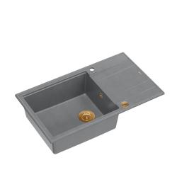Quadri Luton grå granit stor overmonteret vask med afdrypningsflade, vendbar 86x50cm med kobberprop 1208967331