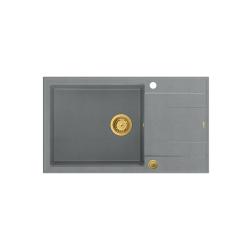 Quadri Luton grå granit stor ovenpå liggende vask med afdrypningsområde vendbar 86x50cm med gylden prop 1208967332