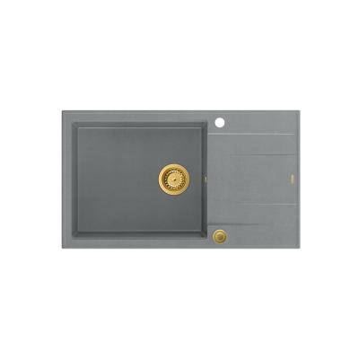 Quadri Luton grå granit stor ovenpå liggende vask med afdrypningsområde vendbar 86x50cm med gylden prop 1208967332