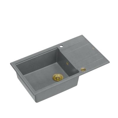 Quadri Luton grå granit stor ovenpå liggende vask med afdrypningsområde vendbar 86x50cm med gylden prop 1208967332