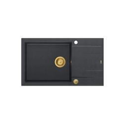 Quadri Luton antracit granit stor overmonteret vask med afdrypningsområde vendbar 86x50cm med gylden prop 1208967334