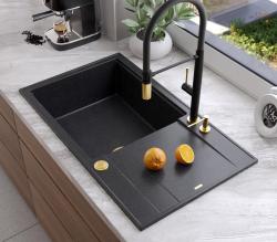 Quadri Luton antracit granit stor overmonteret vask med afdrypningsområde vendbar 86x50cm med gylden prop 1208967334