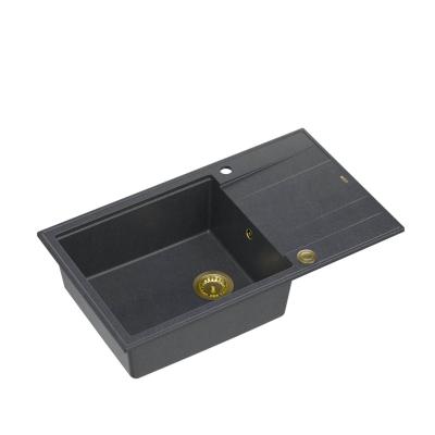 Quadri Luton antracit granit stor overmonteret vask med afdrypningsområde vendbar 86x50cm med gylden prop 1208967334