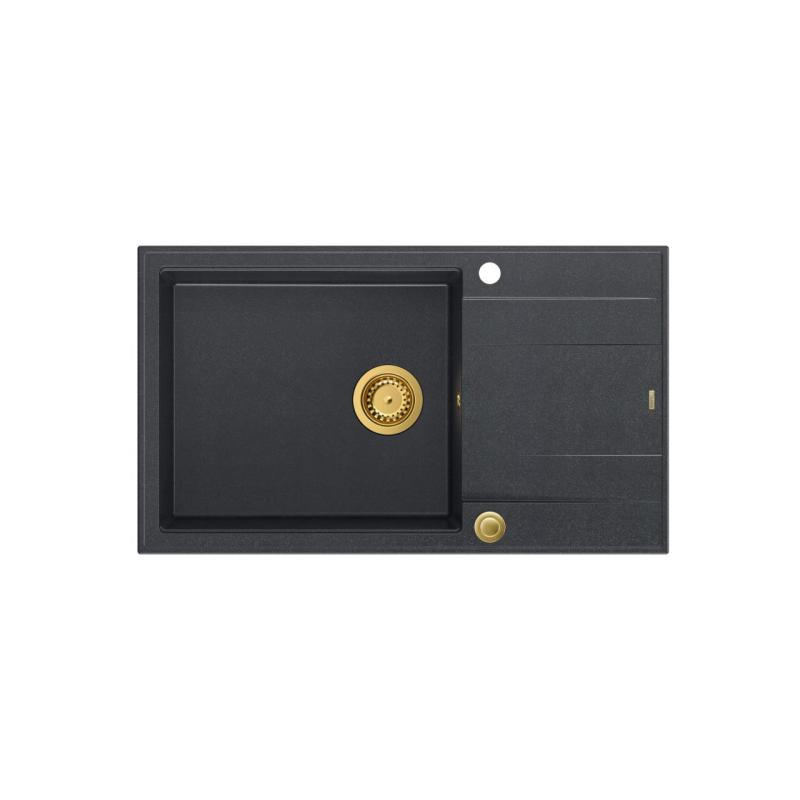Quadri Luton anthracite granite large Inset Kitchen Sink with draining board reversible 86x50cm with golden plug 1208967334