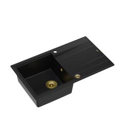 Quadri Luton sort granit køkkenvask med afløbsareal, vendbar 86x50 cm med gylden prop 1208967336