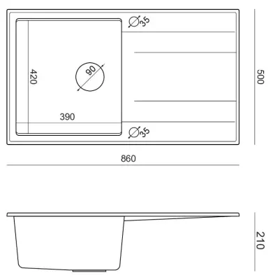 Quadri Luton sort granit køkkenvask med afløbsareal, vendbar 86x50 cm med gylden prop 1208967336