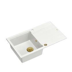 Quadri Luton hvid granit køkkenvask med afdrypningsområde, vendbar 86x50cm med gylden prop 1208967338