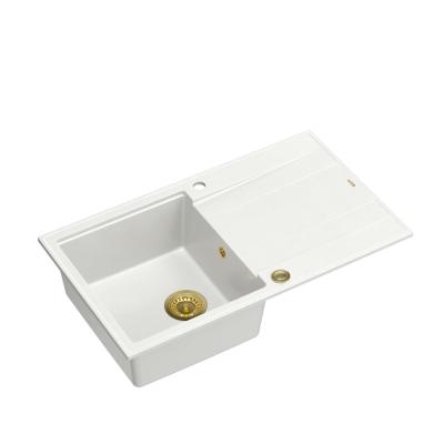 Quadri Luton hvid granit køkkenvask med afdrypningsområde, vendbar 86x50cm med gylden prop 1208967338