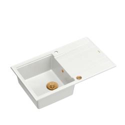 Quadri Luton hvid granit køkkenvask med afløbsplade, vendbar, 86x50cm, med kobberprop 1208967339