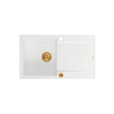 Quadri Luton hvid granit køkkenvask med afløbsplade, vendbar, 86x50cm, med kobberprop 1208967339