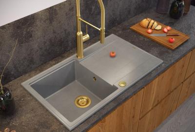 Quadri Luton grå granit køkkenvask med afløbsplads, vendbar 86x50 cm med gylden prop 1208967341