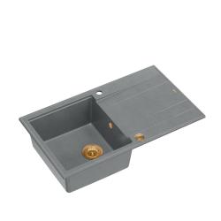 Quadri Luton grå granit overflademonteret vask med afdrypningsområde vendbar 86x50cm med kobberprop 1208967342