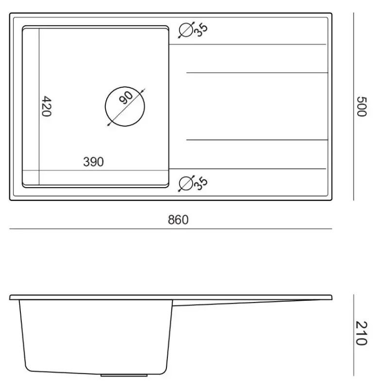 Quadri Luton antracit granit køkkenvask med afløbsplads, vendbar 86x50cm med kobberprop 1208967345