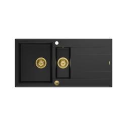 Quadri Luton sort granit vask med afløbsplads, vendbar 100x50cm med guld prop 1208967346