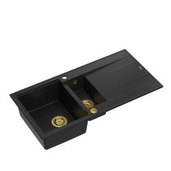 Quadri Luton sort granit vask med afløbsplads, vendbar 100x50cm med guld prop 1208967346