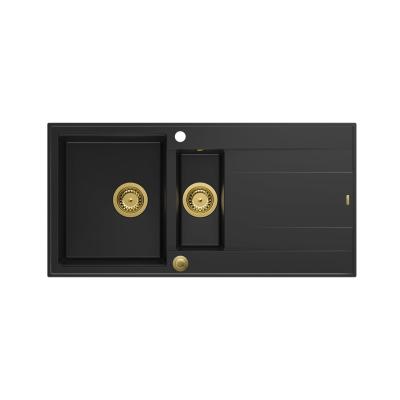 Quadri Luton sort granit vask med afløbsplads, vendbar 100x50cm med guld prop 1208967346