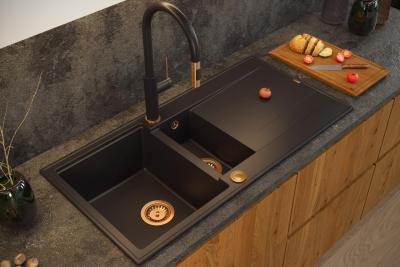 Quadri Luton sort granit vask 1,5 kumme med afdrypningsflade, vendbar 100x50 cm med kobberprop 1208967347