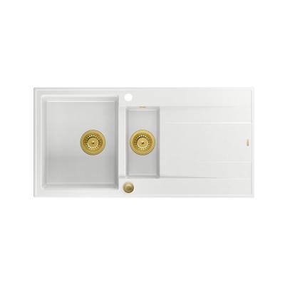 Quadri Luton hvid granit køkkenvask med 1,5 kumme og afløbsbakke, vendbar 100x50 cm med gylden prop 1208967348