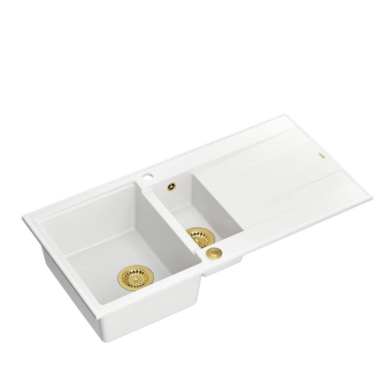 Quadri Luton hvid granit køkkenvask med 1,5 kumme og afløbsbakke, vendbar 100x50 cm med gylden prop 1208967348