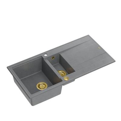 Quadri Luton grå granit nedfældet 1,5 vask med afdrypningsbak, vendbar 100x50 cm med guld prop 1208967351