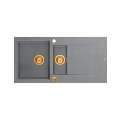 Quadri Luton grå granit indbygning 1,5 vask med afdrypningsflade vendbar 100x50cm med kobber prop 1208967352