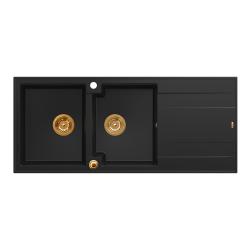 Quadri Luton indbygget dobbelt granit vask sort med afdrypningsområde 116x50 cm med kobberprop 1208967357