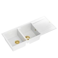 Quadri Luton indbygget dobbelt granit vask hvid med afdrypningsområde 116x50 cm med gylden prop 1208967358