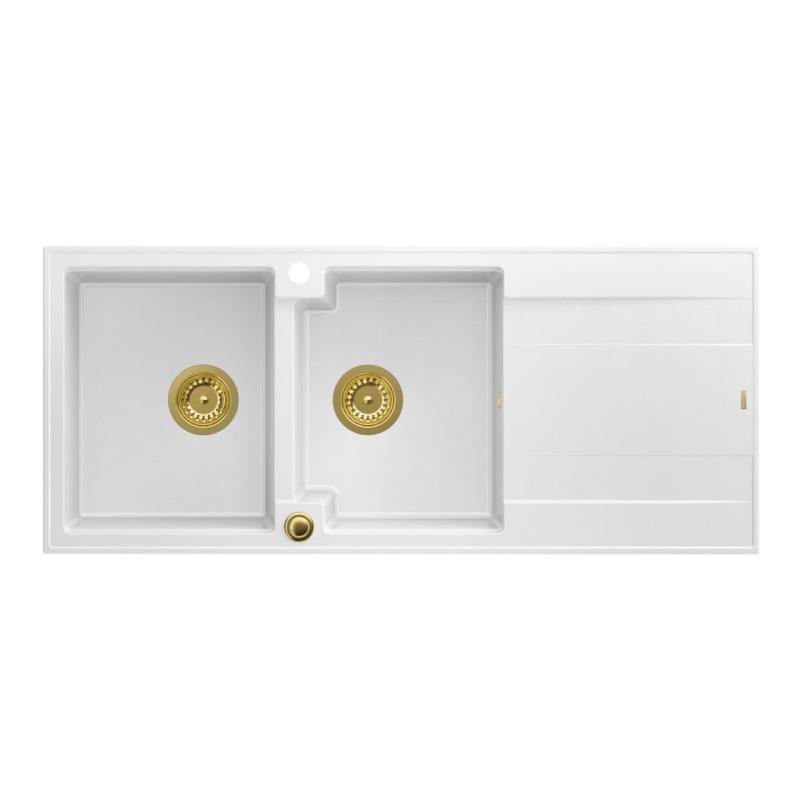 Quadri Luton indbygget dobbelt granit vask hvid med afdrypningsområde 116x50 cm med gylden prop 1208967358