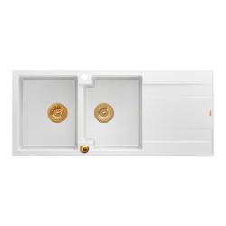 Quadri Luton indbygningsvask dobbelt granit vask hvid med afdrypningsområde 116x50 cm med kobberprop 1208967359