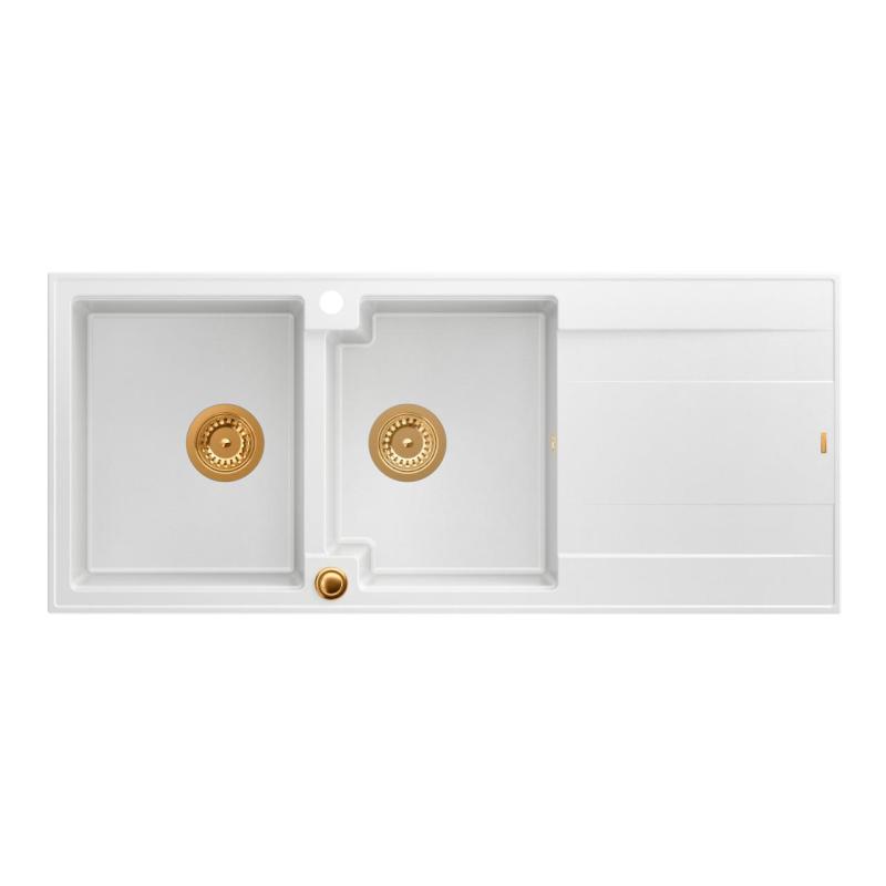 Quadri Luton indbygningsvask dobbelt granit vask hvid med afdrypningsområde 116x50 cm med kobberprop 1208967359