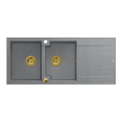 Quadri Luton opbygning dobbelt granitvask grå med afdrypningsområde 116x50 cm med gylden prop 1208967361