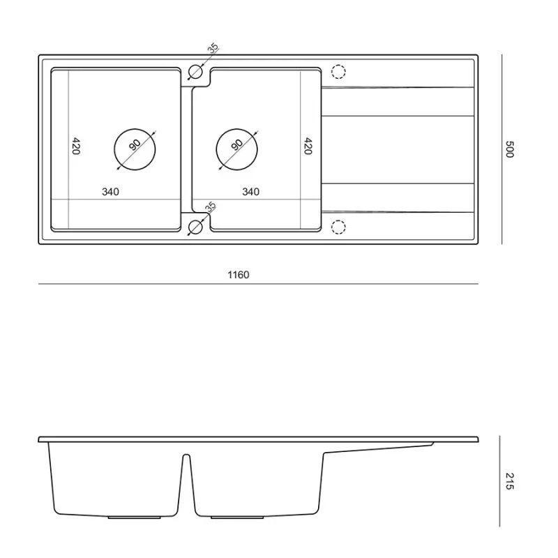 Quadri Luton opbygning dobbelt granitvask grå med afdrypningsområde 116x50 cm med gylden prop 1208967361