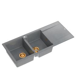 Quadri Luton indbygget dobbelt granitvask grå med afdrypningssektion 116x50 cm med kobberprop 1208967362
