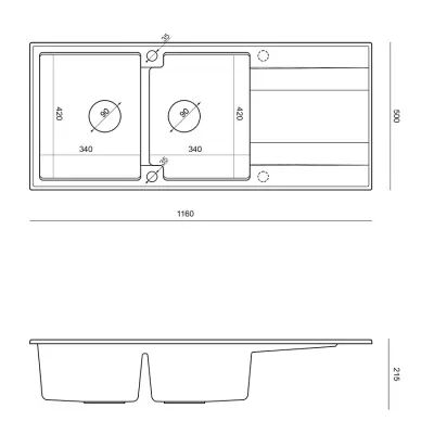 Quadri Luton indbygget dobbelt granitvask grå med afdrypningssektion 116x50 cm med kobberprop 1208967362