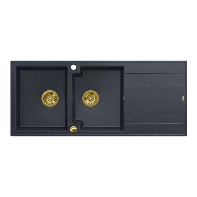 Quadri Luton indbygnings dobbelt granit vask antracit med afdrypningsområde 116x50 cm med gylden prop 1208967364