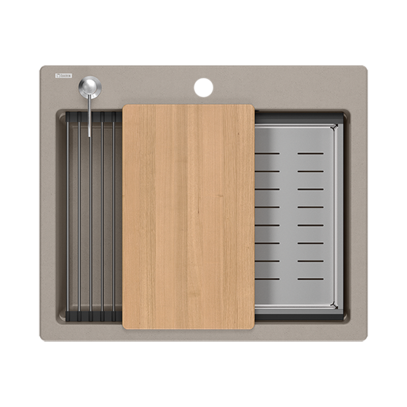 Quadri Durham taupe granit overflade håndvask 595x500 med sæbedispenser, skærebræt, indsatsvask og rullemåtte 1208967376