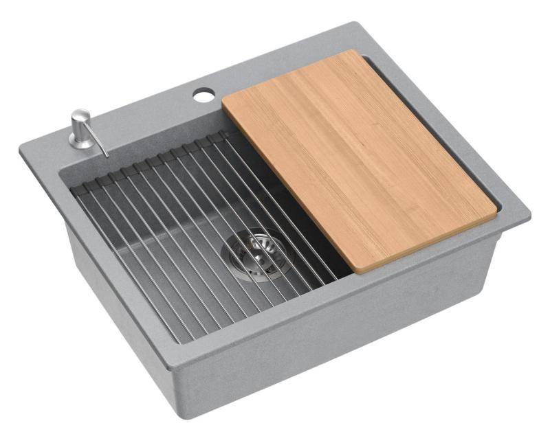 Quadri Durham grå granit overbygning vask 595x500 med sæbedispenser, skærebræt, indsatsvask og rullemåtte 1208967378