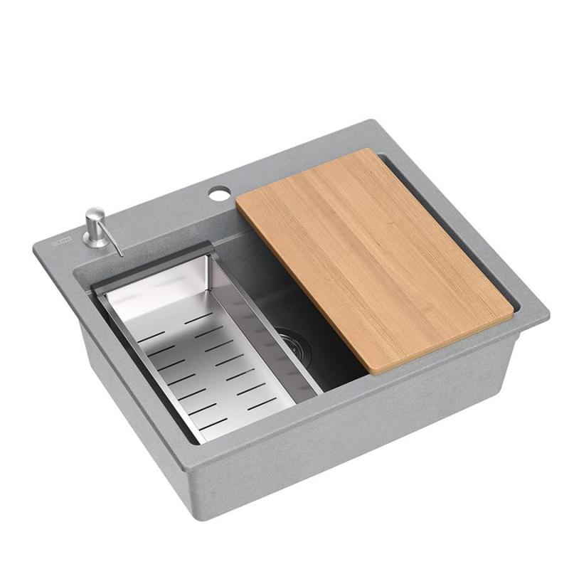 Quadri Durham grå granit overbygning vask 595x500 med sæbedispenser, skærebræt, indsatsvask og rullemåtte 1208967378