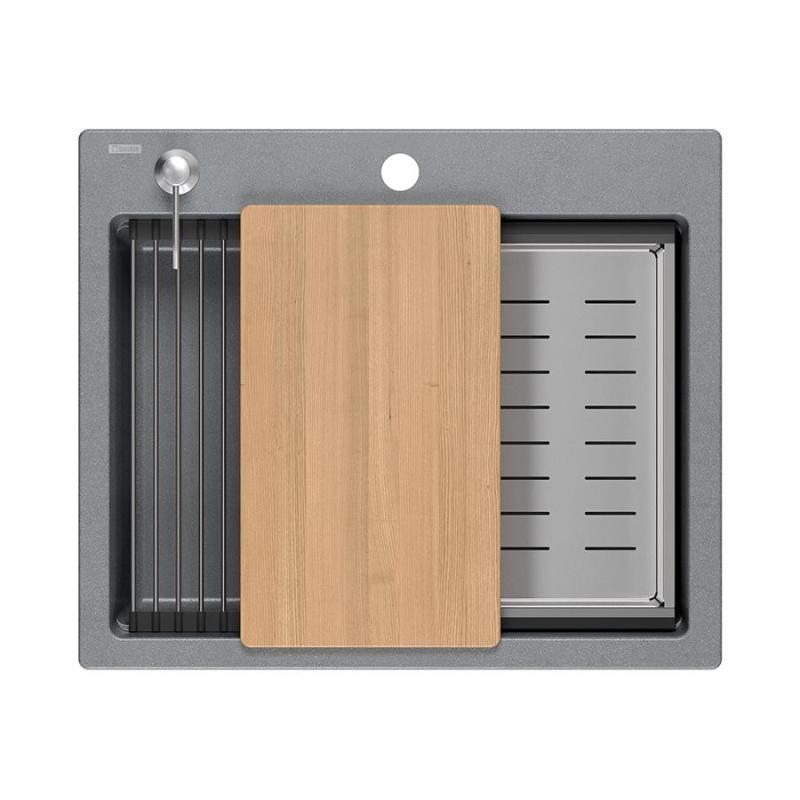 Quadri Durham grå granit overbygning vask 595x500 med sæbedispenser, skærebræt, indsatsvask og rullemåtte 1208967378