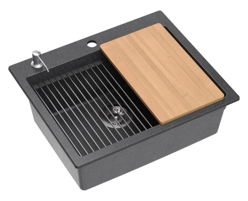 Quadri Durham antracit granit overflade vask 595x500 med sæbedispenser, skærebræt, indsatsvask og rullemåtte 1208967379