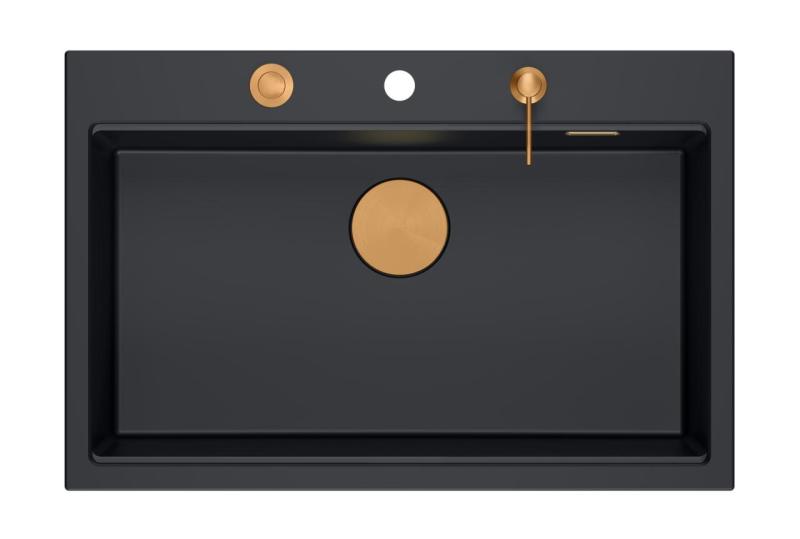 Quadri Hard Rock mat sort granit køkkenvask 76x50cm inklusive kobberprop og tilbehør 1208967423
