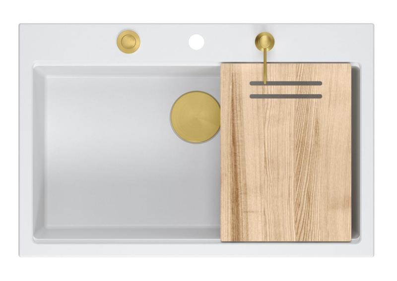 Quadri Hard Rock hvid granit vask med stor skål 76x50 cm inklusive gylden prop og tilbehør 1208967424