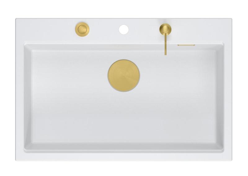 Quadri Hard Rock hvid granit vask med stor skål 76x50 cm inklusive gylden prop og tilbehør 1208967424