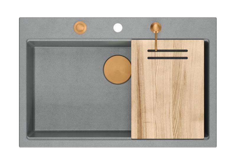 Quadri Hard Rock grå granit overmonteret stor vask 76x50cm inklusive kobberprop og tilbehør 1208967435