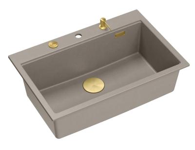 Quadri Hard Rock taupe granit vask med stor kum 76x50cm inklusive gylden prop og tilbehør 1208967436