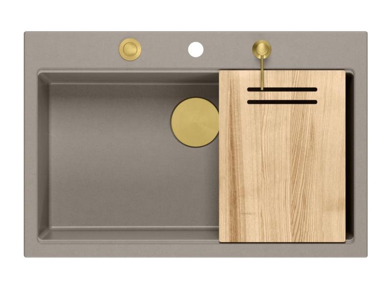 Quadri Hard Rock taupe granit vask med stor kum 76x50cm inklusive gylden prop og tilbehør 1208967436