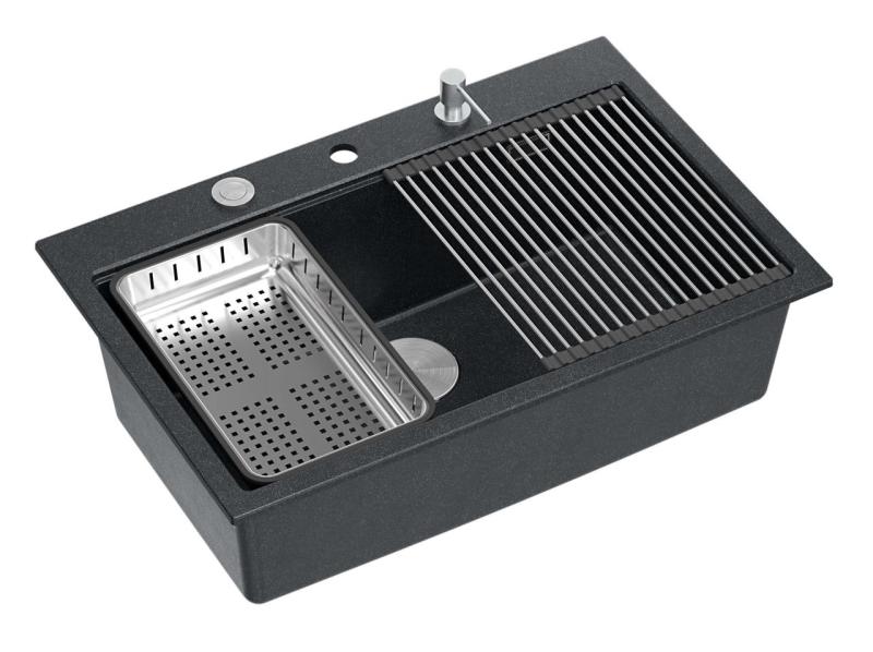Quadri Hard Rock antracit granit overflademonteret stor vask 76x50cm inklusive rustfrit stål prop og tilbehør 1208967442