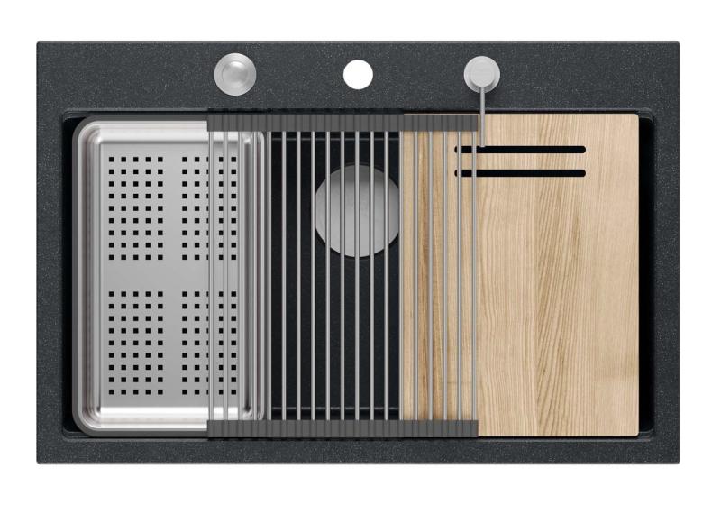 Quadri Hard Rock antracit granit overflademonteret stor vask 76x50cm inklusive rustfrit stål prop og tilbehør 1208967442